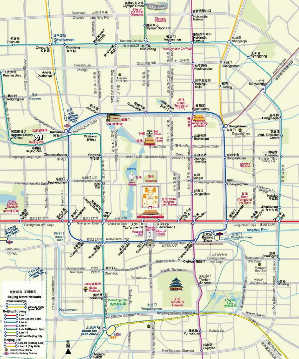 карта на Пекинг метрото мапата со туристички атракции